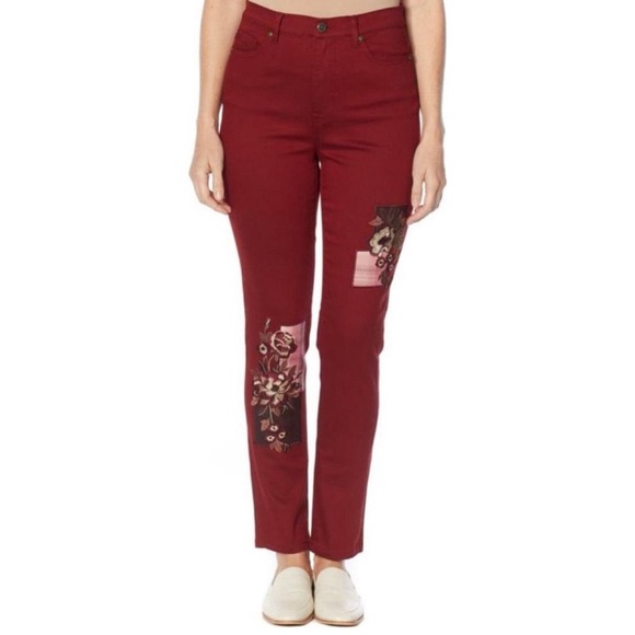 DG2 Diane Gilman Stretch Embroidered Patched Skinny Jeans, Wine Size 6 TALL New! - Picture 2 of 12